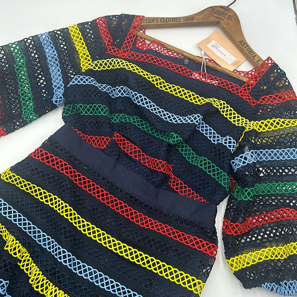 NWT Pearl by Lela Rose Striped Lace Mini Dress 3/4 Sleeves